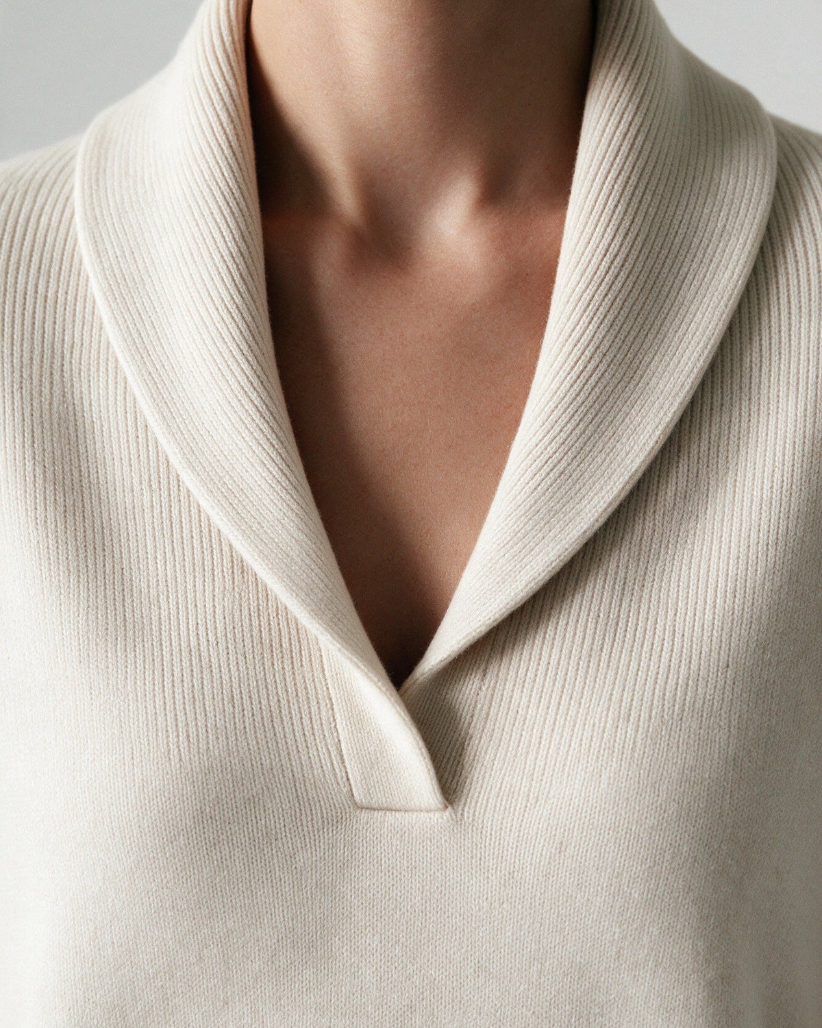 Arden draped shawl collar and V-neck, close-up