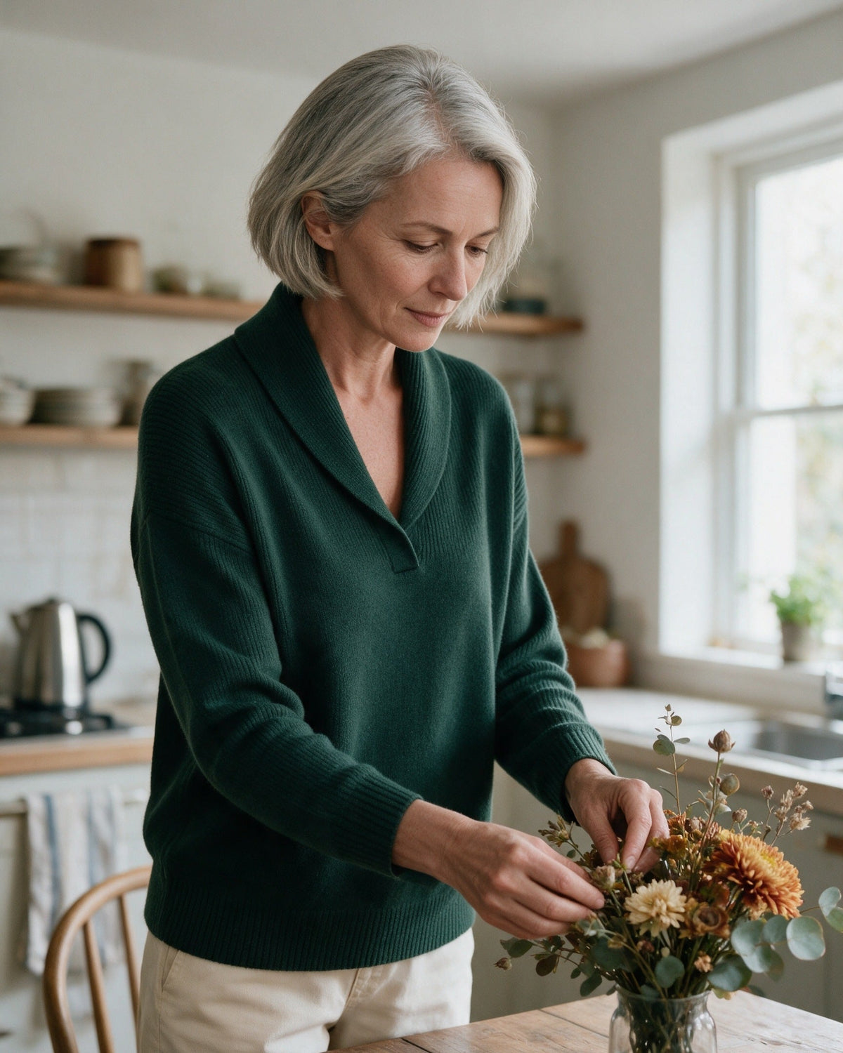 Arden shawl-collar sweater in Green, worn at home