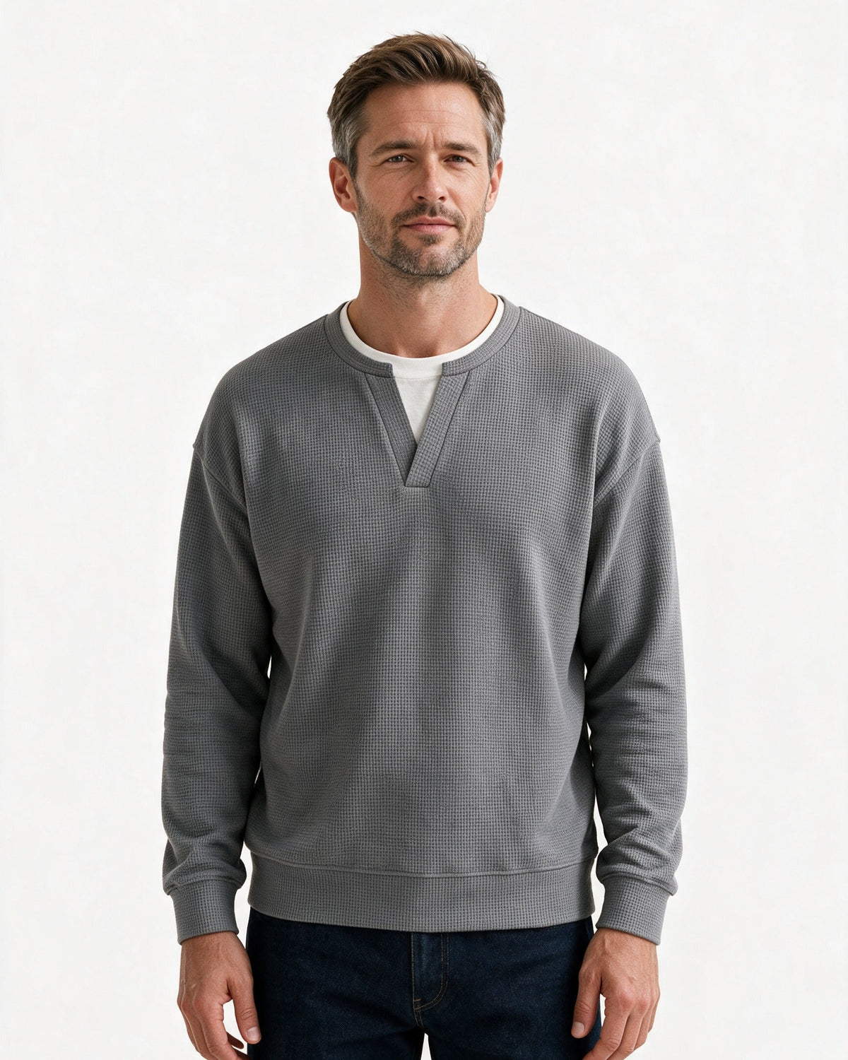 Denholm waffle-knit top in Grey, front view