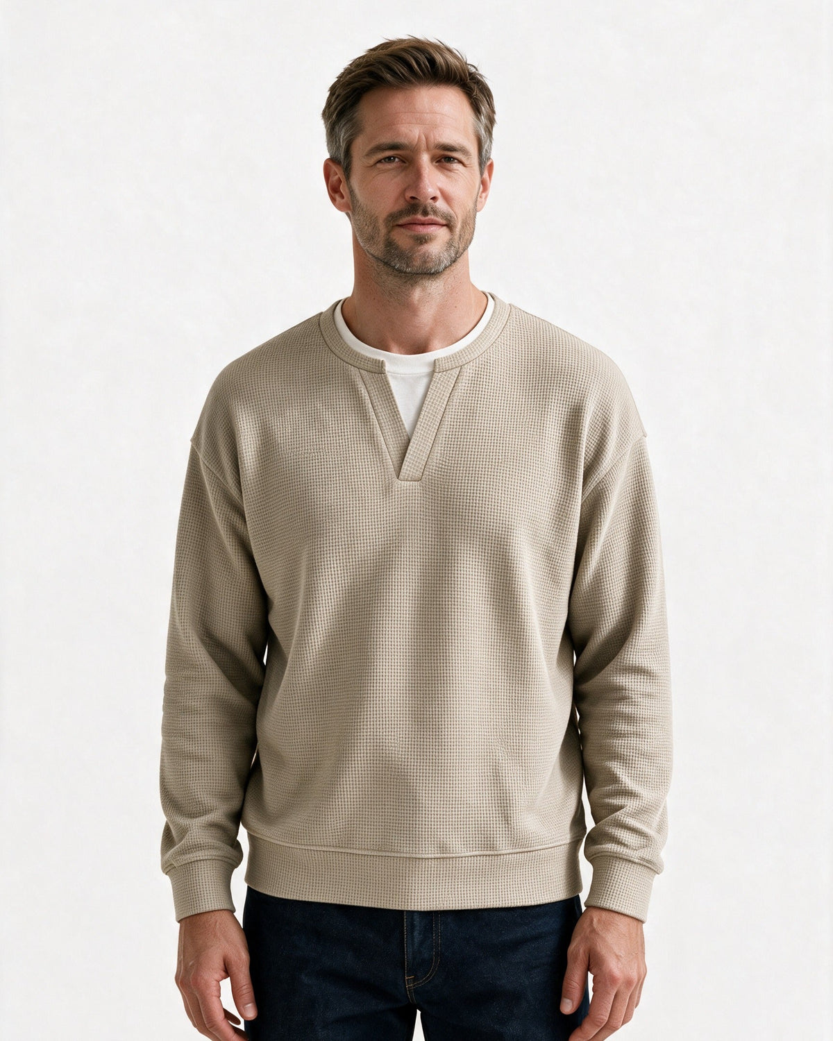 Denholm waffle-knit top in Beige