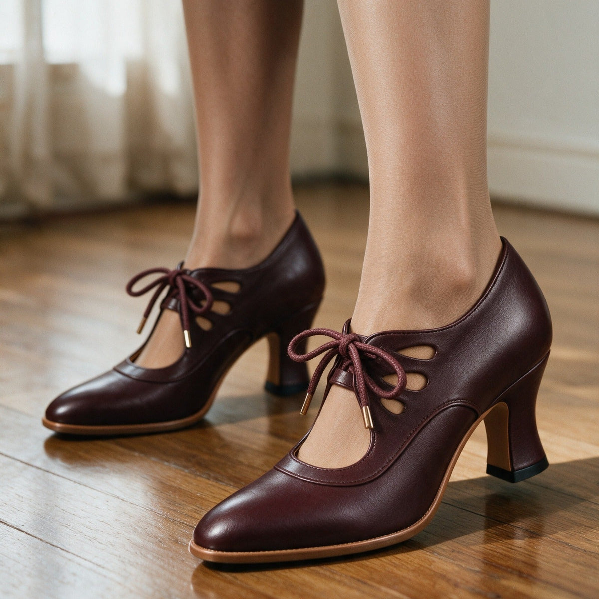 Ellery heels in Wine worn with a midi dress