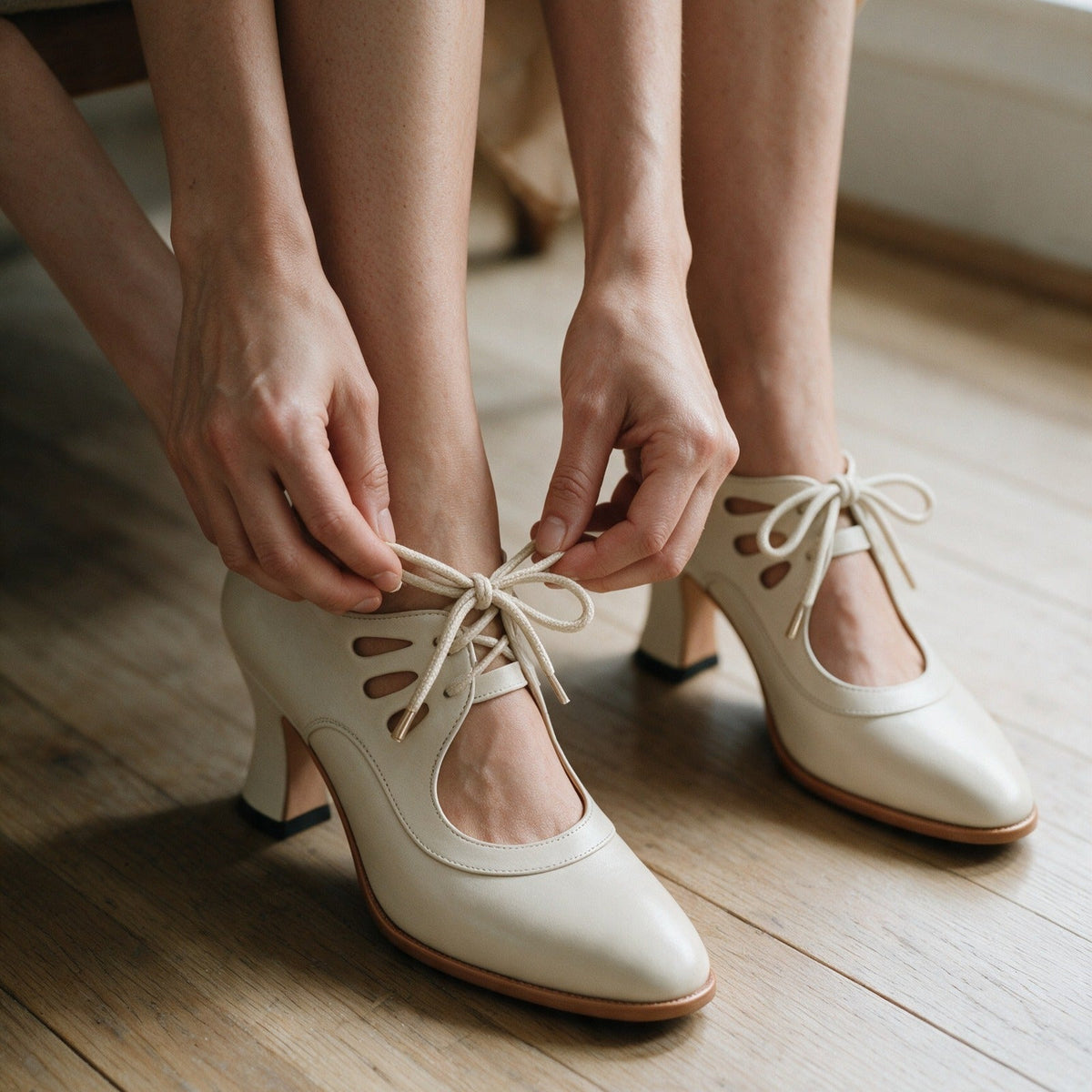 Tying the bow of Ellery heels in Cream