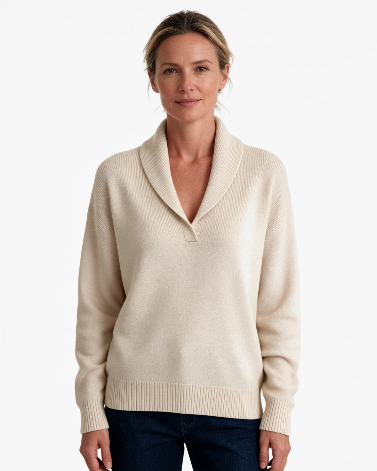 Arden shawl-collar V-neck sweater in Cream, front view