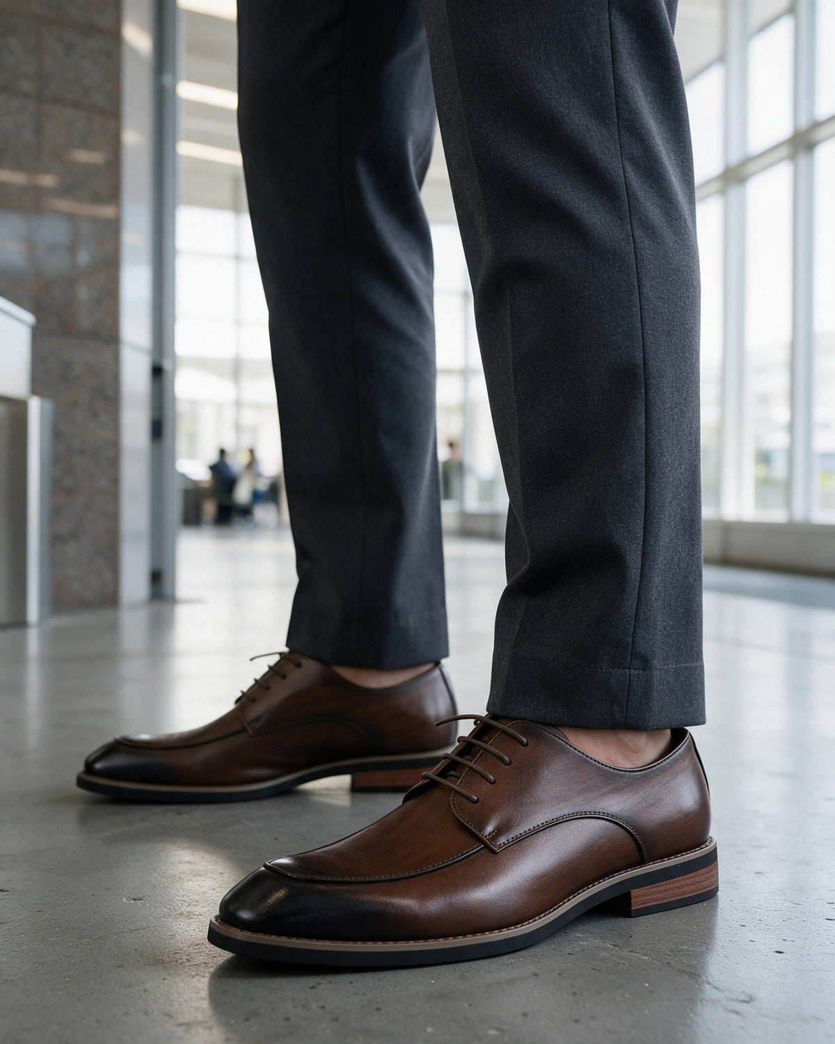 Calder derby shoes in brown worn with suit trousers