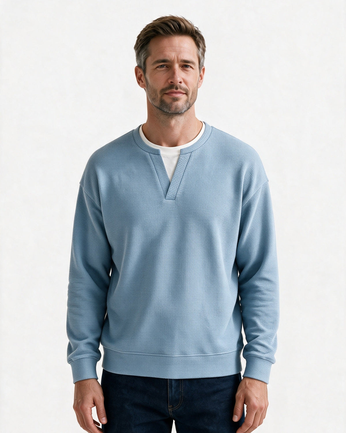 Denholm waffle-knit top in Light Blue
