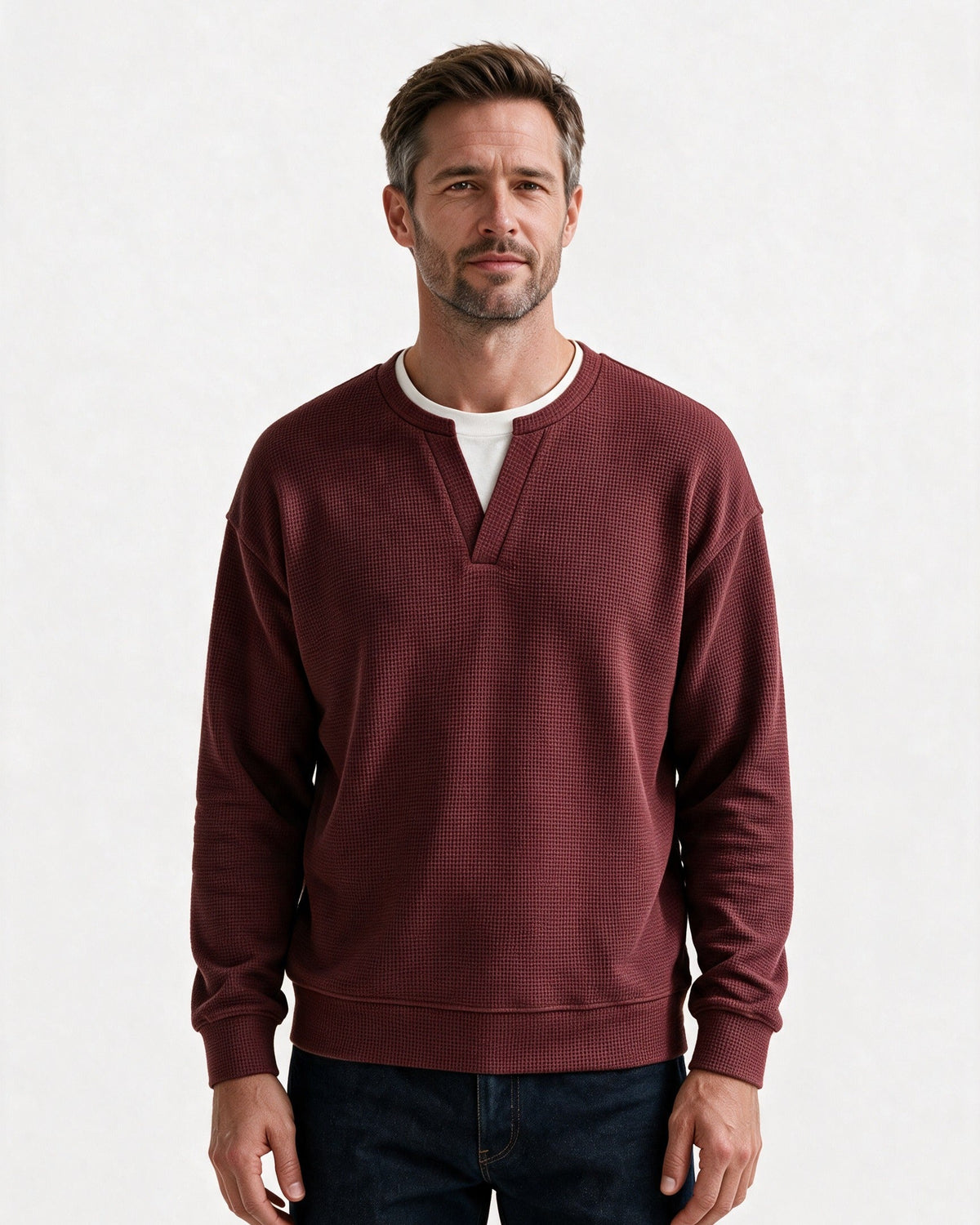 Denholm waffle-knit top in Burgundy