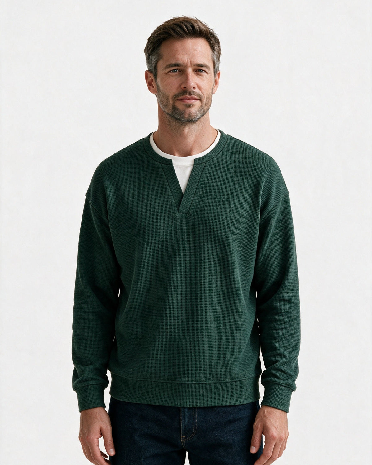 Denholm waffle-knit top in Dark Green