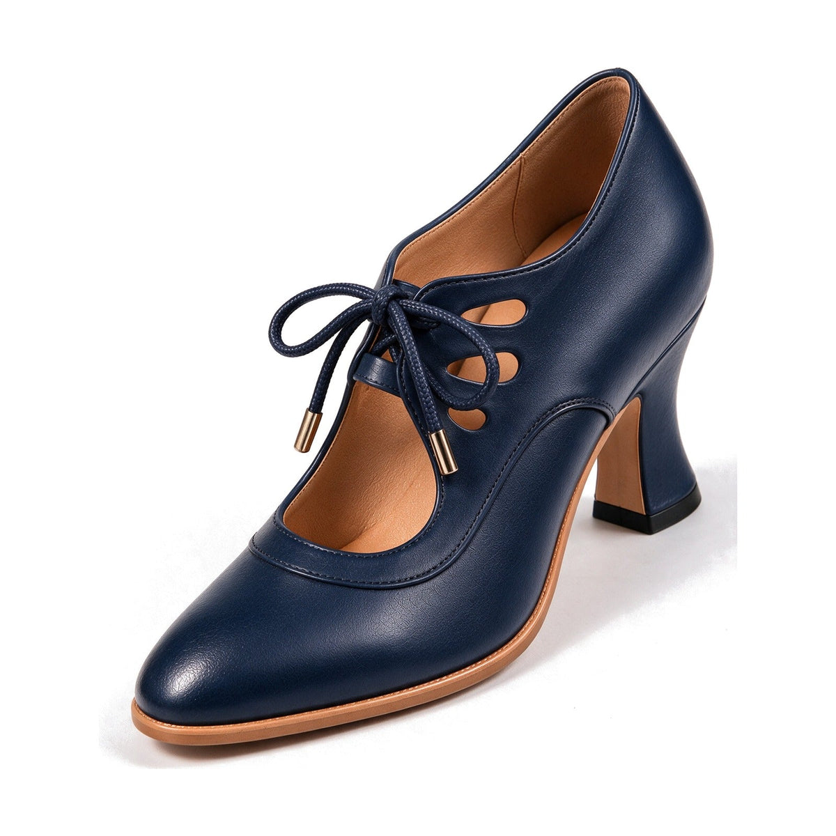 Ellery vintage lace-up heel in Navy, front three-quarter view