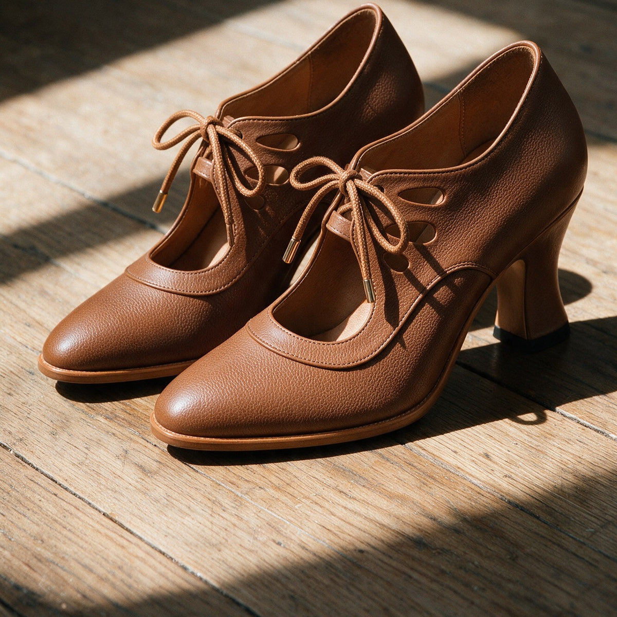 A pair of Ellery heels in Cognac on a wooden floor
