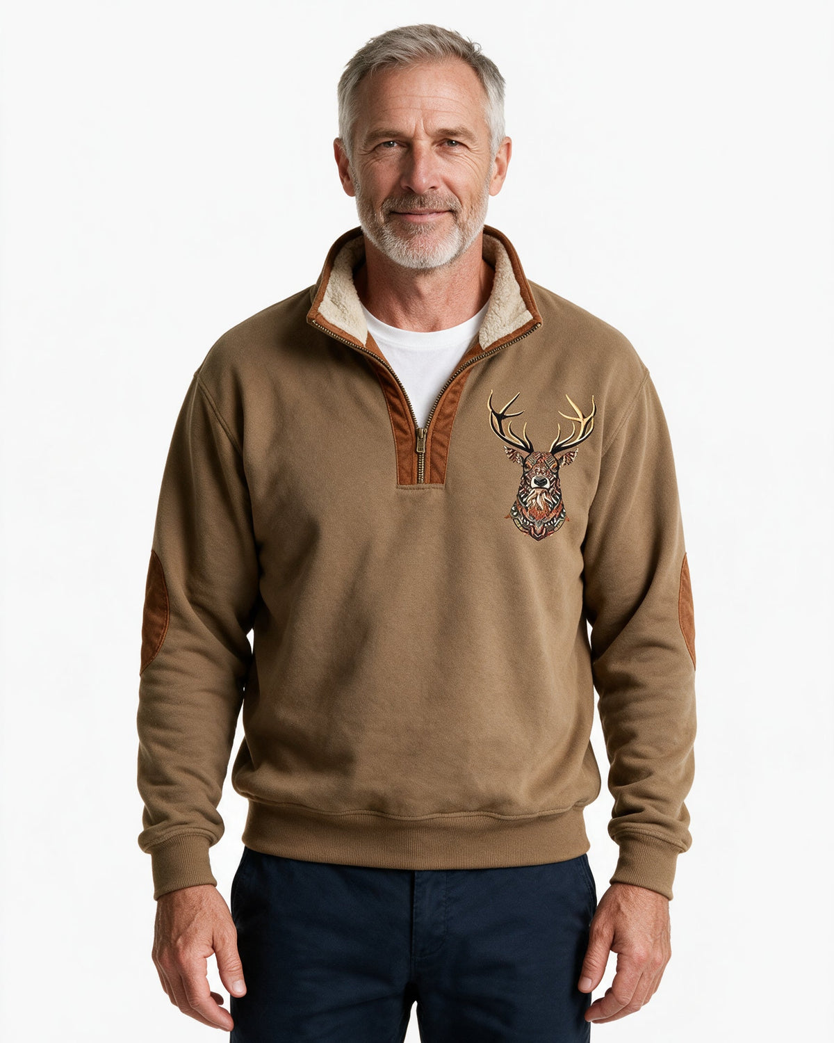 Glenmore sherpa-collar quarter-zip sweatshirt in Brown, front view