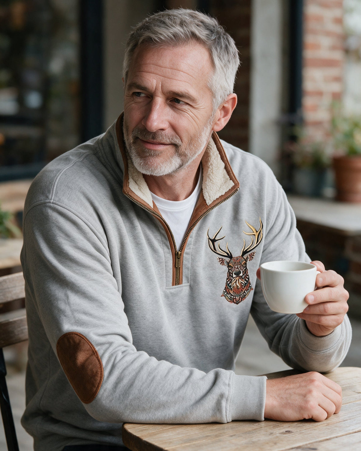 Glenmore sherpa-collar quarter-zip sweatshirt in Light Grey, coffee on the terrace
