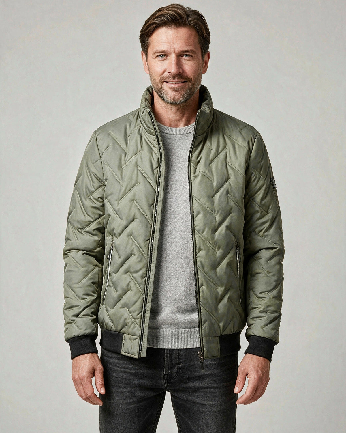 Lars quilted bomber jacket in light green, front view