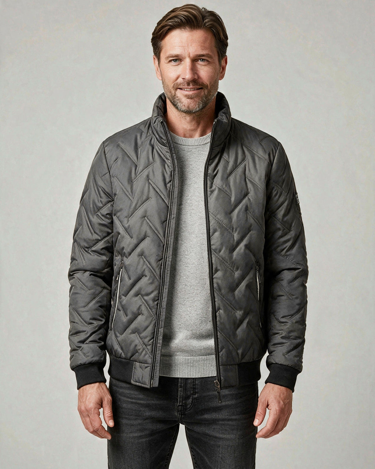 Lars quilted bomber jacket in grey, front view